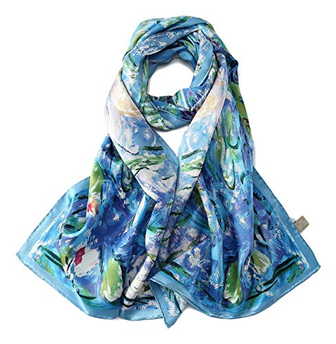 JWSilk Long Charmeuse Silk Scarf Classic Art Print - color: Water Lilies By Monet