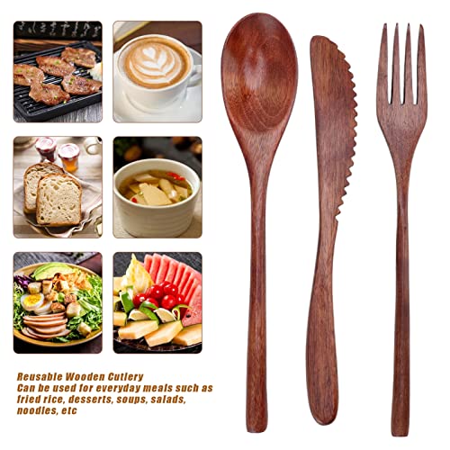 Wooden Cutlery Set, 3 PCS Wooden Spoon Fork Knife for Eating, Wooden Utensil Reusable Dinner Set with Case, Kitchen Flatware Set Travel Cutlery