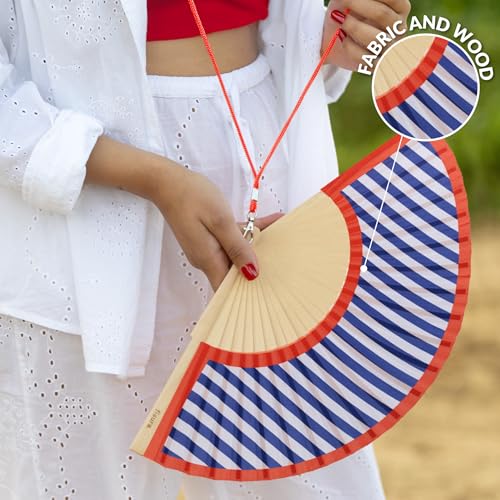 Fisura – Original Folding Fan with Stripes Print. Red and Blue Wooden Handheld Fan for Women with Hanger. Perfect Accessory for Weddings, Parties, Festivals and Gift Ideas. 16.7 x 9. - color: Red and Blue Stripes