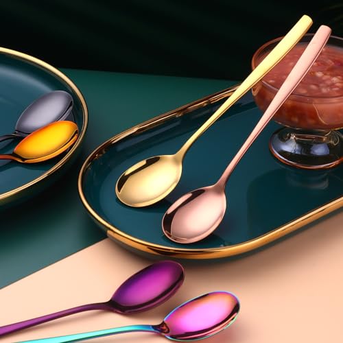 Metal Round Spoons, 8 inch Stainless Steel Reusable Long Handle Korean Soup Spoons, Table Dinner Desert Spoon Set of 8 (Purple) - size: Purple