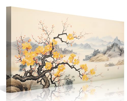 NAN Wind Asian Wall Art Traditional Chinese Painting Oriental Yellow Plum Blossom Canvas Pictures for Wall Decor Home decor for Living Room Cherry Blossom Decor Landscape Artwork Framed Ready to Hang - color: Yellow Blossom-One Piece, size: 16"L x 8"W