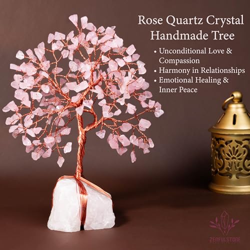 Rose Quartz Crystal Tree for Love & Healing Décor for Home and Office | Handmade Bonsai for Emotional Support & Harmony as Symbol of Piece for Loved Ones Gift for her - color: Rose Quartz Copper Wire Crystal Base