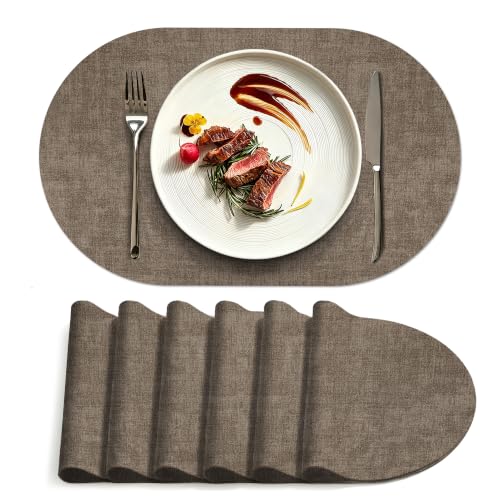 Placemats Set of 6, 17.7 x 11.8 Inch Oval Faux Leather Place Mats - color: R-drak Coffee