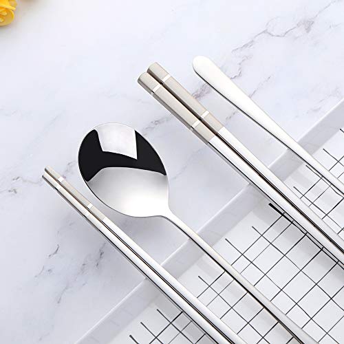 Buyer Star 4 Set Silver Square Chopsticks and Spoon Set Metal Stainless Steel Spoon Chopsticks Set - color: silver-square chopstick and spoon