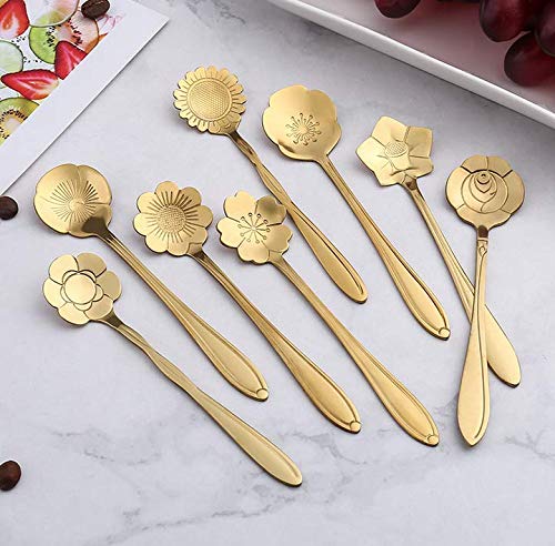 16 Pieces Flower Spoon Coffee Teaspoon Set, PBIEHSR Stainless Steel Coffee Tea Spoons for Drink Mixing Milkshake Jam (Gold-16) - style: Gold-16