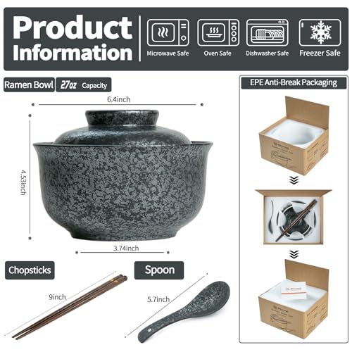Ceramic Ramen Bowl Set Ramen Noodle Bowl with Lid 27oz Japanese Retro Style Soup, Pho, Udon Bowls, Matching Spoons and Chopsticks for Microwave & Dishwasher Safe, Black - color: Black, size: 1 PC