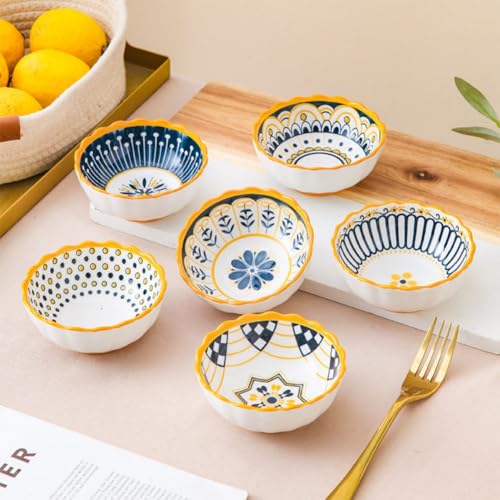 6 Pack 3 oz Small Soy Sauce Dish Ceramic Dipping Sauce Bowls - color: Yellow