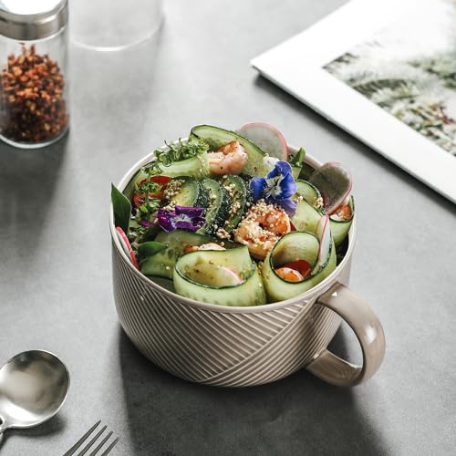 Ceramic Soup Bowl with Handle, 38 oz Microwave Safe, Grey - color: Gray