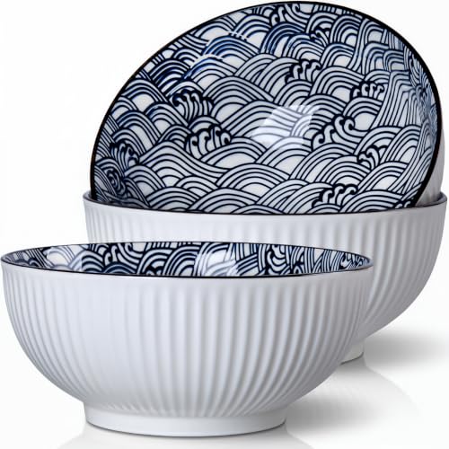60 oz Large Soup Bowls Set of 3, Pho Bowls, Ramen Bowl - Wave - size: Wave Pattern (8 Inch, 60 oz)