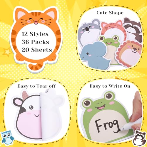 36 Pack Cute Sticky Notes 720 Sheets Cartoon Sticky Notepad Colorful Animals Shape Self-Sticky Writing Memo Pads Page Marker for School Office Supplies Small Gift Back to School Party Favor (Animal) - style: Animal