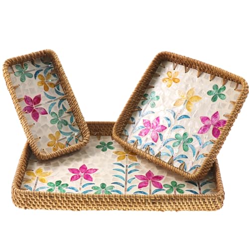 Rectangular Rattan Serving Tray with Mother of Pearl Inlay, Handwoven Wicker Decorative Tray for Fruit Breakfast Coffee Party Picnic Cafe Kitchen Home Decor 3 Sizes (Colorful Sunflower) - color: Colorful Sunflower