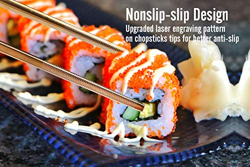 Chopsticks Reusable Titanium Plated Metal Chopsticks 304 Stainless Steel Chopstick Dishwasher safe Japanese Korean lightweight Engraved Anti-slip Chop sticks for Eating 2 Pairs Gift Set Black Gold - color: Black/Gold