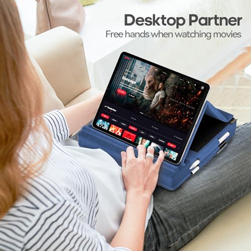 KDD Tablet Pillow Stand, Multi-Angle Viewing Ipad Holder for Lap, Bed and Desk, Foldable Soft Pad Dock with Stylus Mount Compatible with Ipad Pro 12.9, 10.5, 11, Air, Mini, Phones, Books, E-Reader - color: Blue