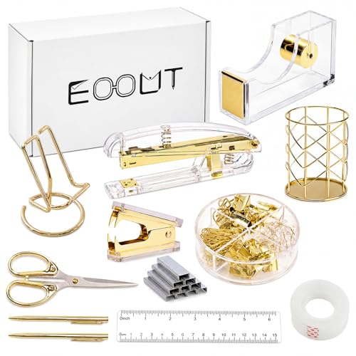 EOOUT Gold Office Supplies Set Desk Accessories, Acrylic Stapler Set Staple Remover, Phone Holder, Tape Holder, Pen Holder, 2 Ballpoint Pen, Scissor, Binder Clips, Ruler, Transparent Glue and Staples. - color: Gold
