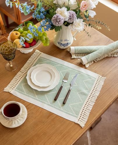 Boho Woven Placemats Set of 4, 14x18 Inch Heat Resistant Dinner Mats - color: Green Bd