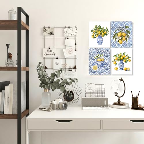 LUKIPOM Chinoiserie Lemon Wall Art Posters Set of 4, Grandmillennial Home Decor, Blue and White Floral Porcelain Lemon Tree Canvas Prints Artwork for Kitchen Wall Decor, 8x10 Unframed - color: Color 013