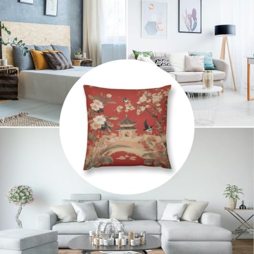 Red Oriental Vintage Chinese Floral Tower Pillow Cover Sofa Square Cushion Throw Case Home Decorative Pillowcase for Couch Bedroom 18x18 Inch