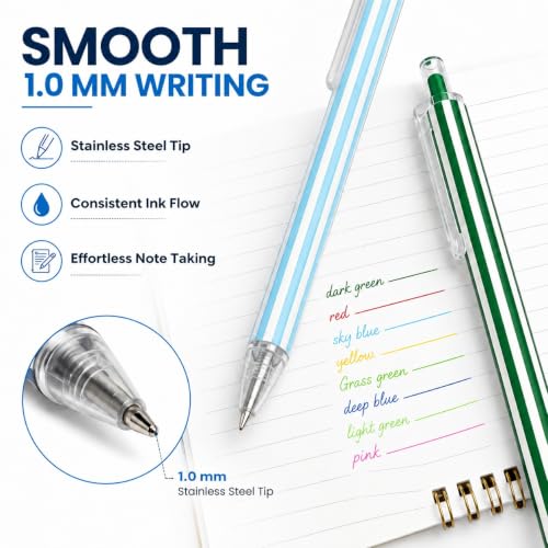8 Pack Retractable Gel Pens 1.0 mm Striped Aesthetic School Supplies Smooth Writing Colored Ink Click Pen For Note Taking Cute Office Stationery Gift Set