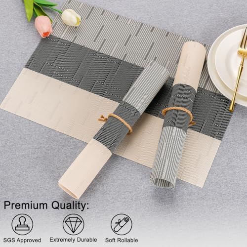 Placemats Set of 6, Vinyl Woven Heat-Resistant Place Mats - color: Beige Black, size: Set of 6