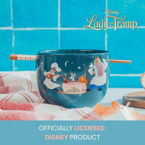 Disney Lady And The Tramp Serenade Ceramic Ramen Dinnerware Set | Includes 20-Ounce Noodle Bowl and Wooden Chopsticks - color: Blue