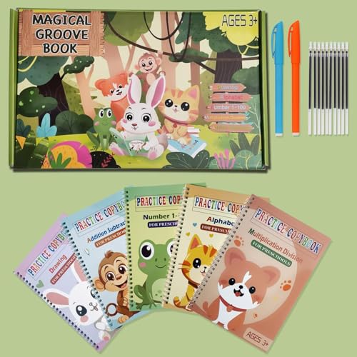 Reusable Grooved Handwriting Workbooks,Magic Copybook,Magic Writing Practice Copy Books, to Help Children Improve Their Handwriting Ink Practice Age 3-8 Calligraphy for Kids(5-Book Gift Set) - size: Large-(9.5in×6.3in)