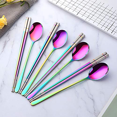 Buyer Star 4 Set Rainbow Square Chopsticks and Spoons Set Metal Stainless Steel Spoons Chopsticks Set - color: rainbow-square chopstick and spoon