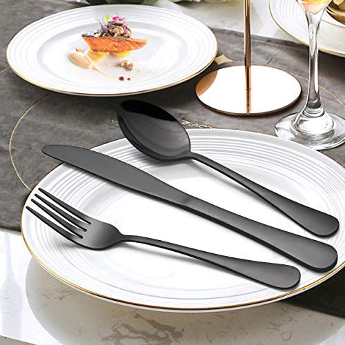 LIANYU 72-Piece Black Silverware Set with Steak Knives for 12, Stainless Steel Flatware Cutlery Set, Mirror Finish Tableware, Dishwasher Safe - color: Black