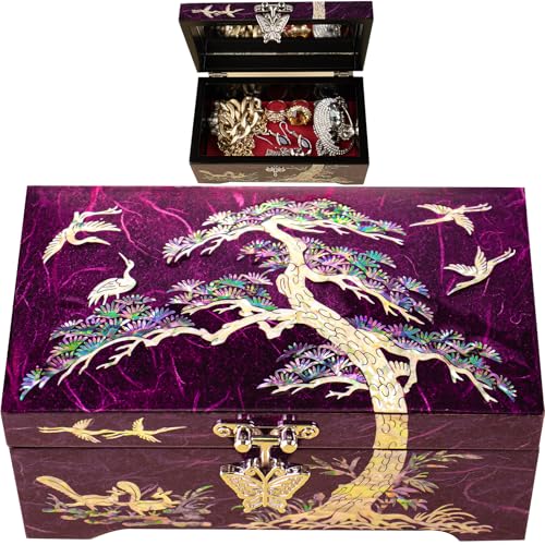 Mother of Pearl Lacquer Wood Jewelry Box, Pine Tree, Purple - style: Pine Tree Purple