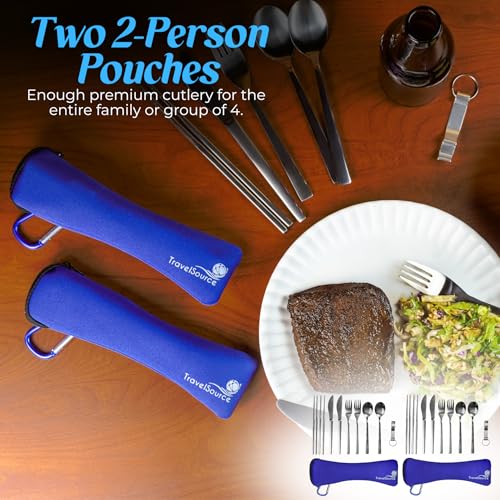 Camping Travel Utensils with Case - 4 Sets DURABLE Fork, Spoon, Knife Silverware - Reusable Portable Hiking Camping Lunch Cutlery & Chopsticks - Family Mess Kit - Stainless Steel