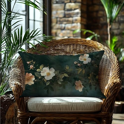 Vintage Dark Green Floral Pillow Covers 12x20 Double-Sided,Rustic Farmhouse Spring Summer Wildflower Flower Botanical Decorative Throw Pillow Covers for Home Bedroom Living Room - color: Floral-14, size: 20" x 12" (Pack of 1)