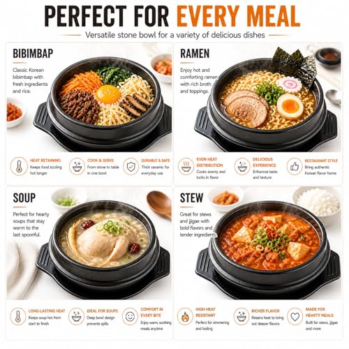 XICHENGSHIDAI Korean Stone Bowl, Dolsot with Tray, 51 Oz, Black - size: 1500ml