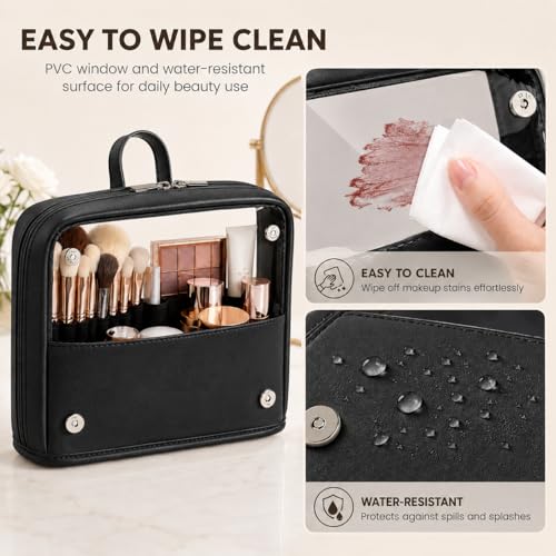 YDR Standing Makeup Brush Bag, PU Leather Cosmetic Organizer with Clear Window, Detachable Dividers and Brush Holder, Travel Makeup Organizer Case for Women, Beauty Storage - color: Black