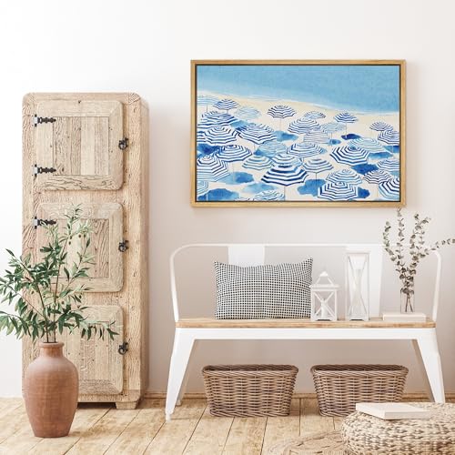 SIGNFORD Framed Canvas Print Wall Art Coastal Blue Umbrella Beach Scene Watercolor Seaside Summer Illustrations Modern Art Decorative Boho Relax/Zen for Living Room, Bedroom, Office - 24x36 Natural - color: B08-2508-M19, size: 36"L x 24"W