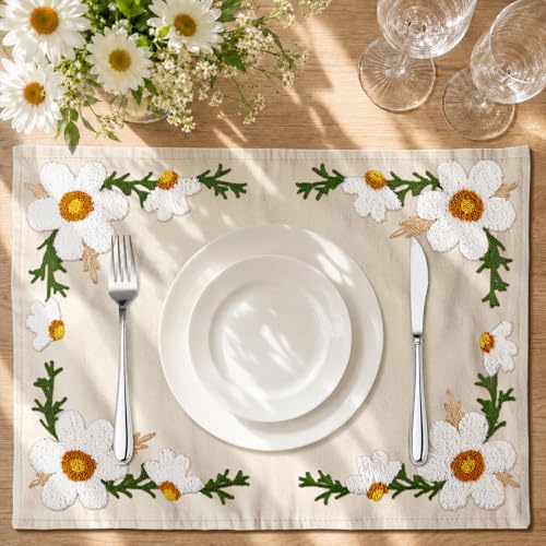 Embroidered Placemats Set of 6-13"x 18" 6PCS Embroidered Rustic Washable Fabric Place Mats Farmhouse Boho Dining Table Mats Dinner Placemats, Daisy - color: Daisy