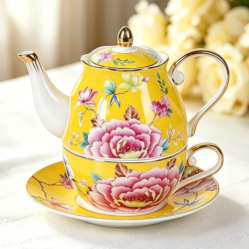 KAMMAK Tea for One Set, Ceramic Teapot, Bone China Tea Set, Cup and Saucer - color: Yellow-GH10