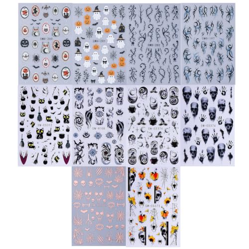 Gothic Halloween Nail Art Stickers 10PCS Spooky 3/5D Self-Adhesive Nail Decals Skull Ghost Pumpkin Owl Bat Spider Web Horror Nail Supplies Manicure Decorations DIY Halloween Designs for Women - style: Halloween Ghost Pumpkin