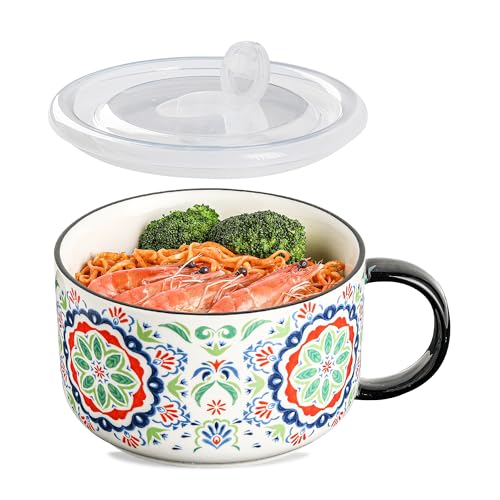 Jumbo Ceramic Soup Bowl with Lid, Microwave Safe - Pattern A - color: Pattern A, size: Set of 1