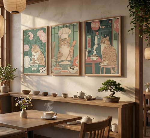 3Pcs Cute Funny Japanese Ramen Cat Canvas Wall Art Tabby Cat Eating Noodles Posters Prints paintings Vintage Japan Edo Period Wall Decor Pictures for Living Room Dining Room Kitchen Home Decoration - color: Ramen cat