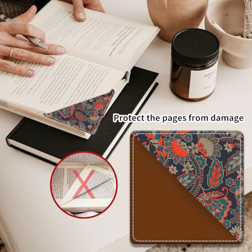 Cute Leather Bookmarks, Fun Triangle Making Corner Bookmark, Book Accessories for Reading Book Lovers, Unbreakable Page Markers for Women Men Boho Paisley Flower - color: Boho Paisley Flower