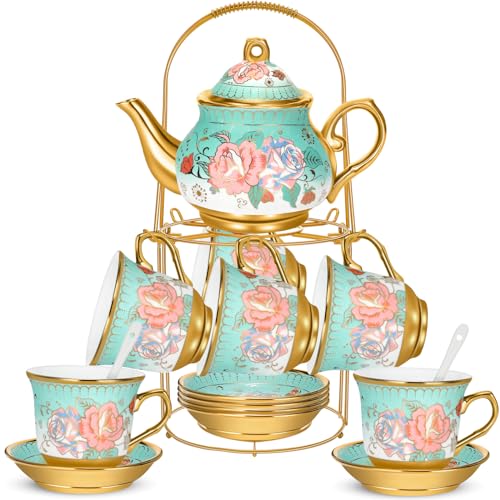 20 Pcs Adult Tea Party Set Porcelain with Metal Holder, Modern - style: Modern