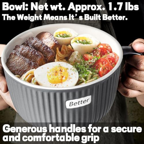Artena 38 oz Soup Bowls with Handles, Lids, Spoons & Chopsticks – 6 Inch Large Microwave Safe Ceramic Ramen Bowls, Soup Mugs & Cereal Bowls for Instant Noodles, Oatmeal, Meal Prep (Grey-Set of 2) - color: Grey-Set of 2