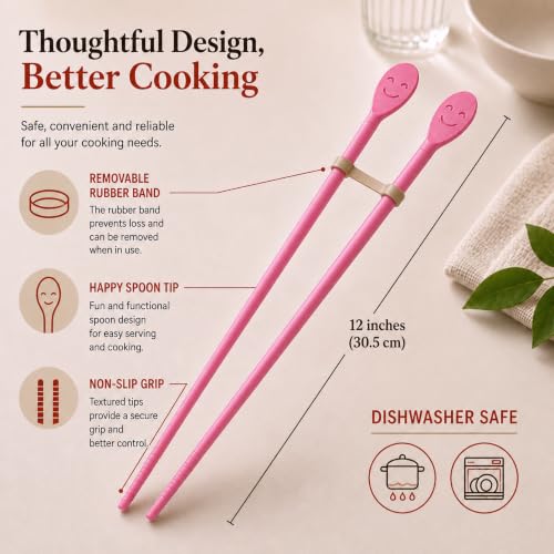 Silicone Cooking Chopsticks with Spoon, 12-Inch, Pink, Made in Korea - color: Pink