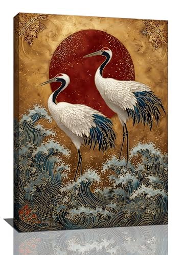 Japanese Crane Wall Art Gold Oriental Asian Wall Decor Sandhill Crane Canvas Pictures Paintings Prints Japan Traditional Aesthetic Artwork Framed Chinese Decorations For Bedroom Living Room Office Gifts 16" x 24" - color: Gold Crane, size: 24"L x 16"W