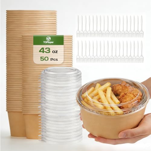 TOPtoper 43Oz 50Pcs Paper Bowls with Lids and Forks | Heavy Duty, Kraft Paper, Soak-Proof, For Hot/Cold Food, Disposable Meal Prep Containers - size: 43 OZ