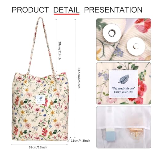 Ayieyill Corduroy Tote Bag for Women Canvas Shoulder Cord Purse with Inner Pocket - color: Beige/Vintage Flowers