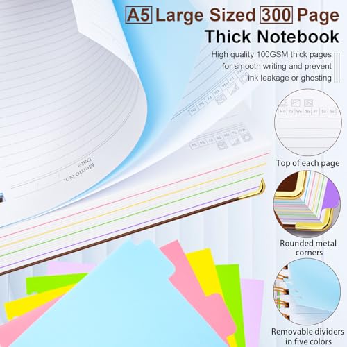 Hardcover Spiral Notebook 6.2"x 8.2" Journal Notebook with Tabs and Removable Dividers 300 Pages 5 Subject Notebook College Ruled, Faux Leather Spiral Bound Notebook for Women School Work (Brown) - color: Brown, size: 6.2"x8.2"(A5)