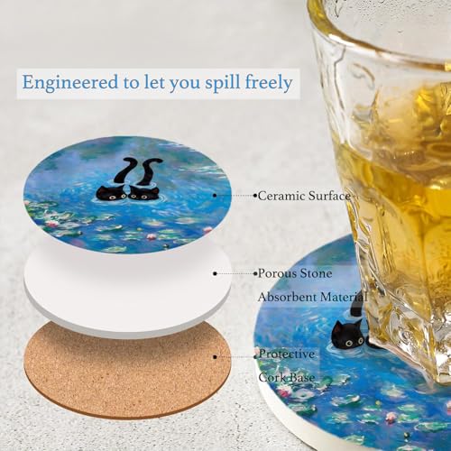 Nikyi 6 Pcs Cute Cat Ceramic Drink Coasters, Absorbent Round Coasters with Cork Backing & Metal Holder, Monet Art Water Lily Coasters Perfect for Coffee Table Office Home Decor & Cat Lovers - color: Cute Cat Monet Art