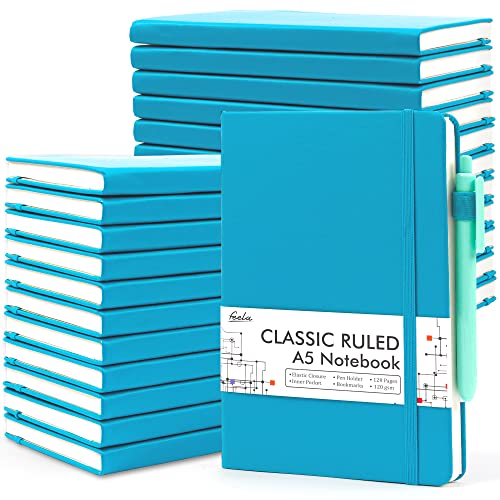 feela 24 Pack Journal Notebook Bulk for Work, Business Notebook Hardcover Lined Writing Journal with Pen Holder for Men Women Note Taking, with 24 Black Pens, 120 GSM, 5.1”x8.3”, A5, Teal - color: 24 Teal