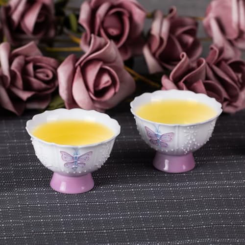 KAMMAK Tea Cup, 1.3oz Mini Porcelain Tea Cups Set of 2, Ceramic Teacups with Short Stem, Cute Teacup Set for Home, Tea Party, Chinese Kungfu Tea Set for Hot/Cold Drink (Purple Curtain Butterfly) - style: 719N Purple Butterfly