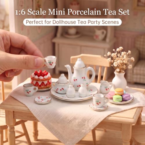 Miniature Tea Set 1/6 Scale Dollhouse Accessories Porcelain Cherry Pattern - color: Cherry